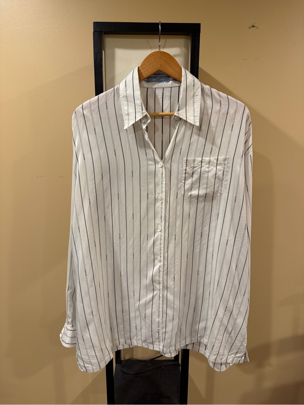 Prada x Raf Simons 2022 Logo Stripe White Silk Button Up Shirt
